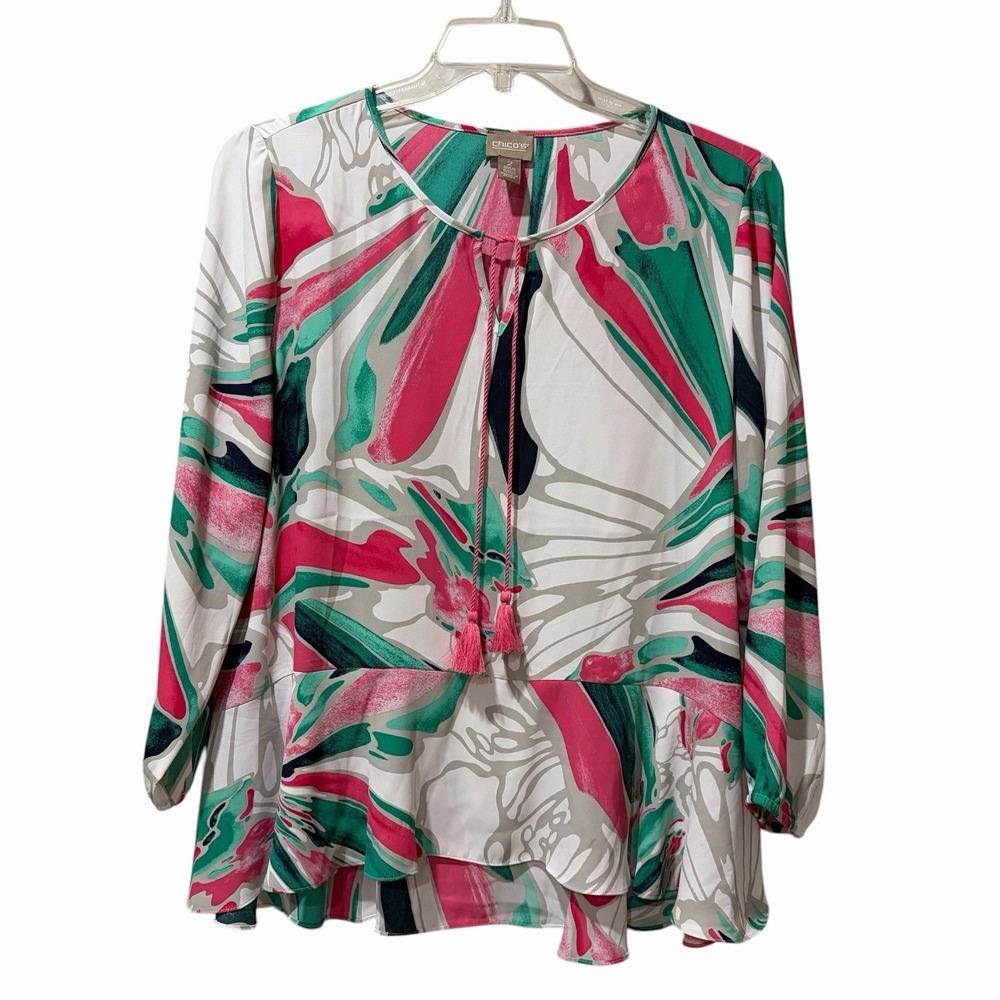 Chico's 2 Large Colorful Tunic Style Top Pink Green White With Ruffled Hem Tie